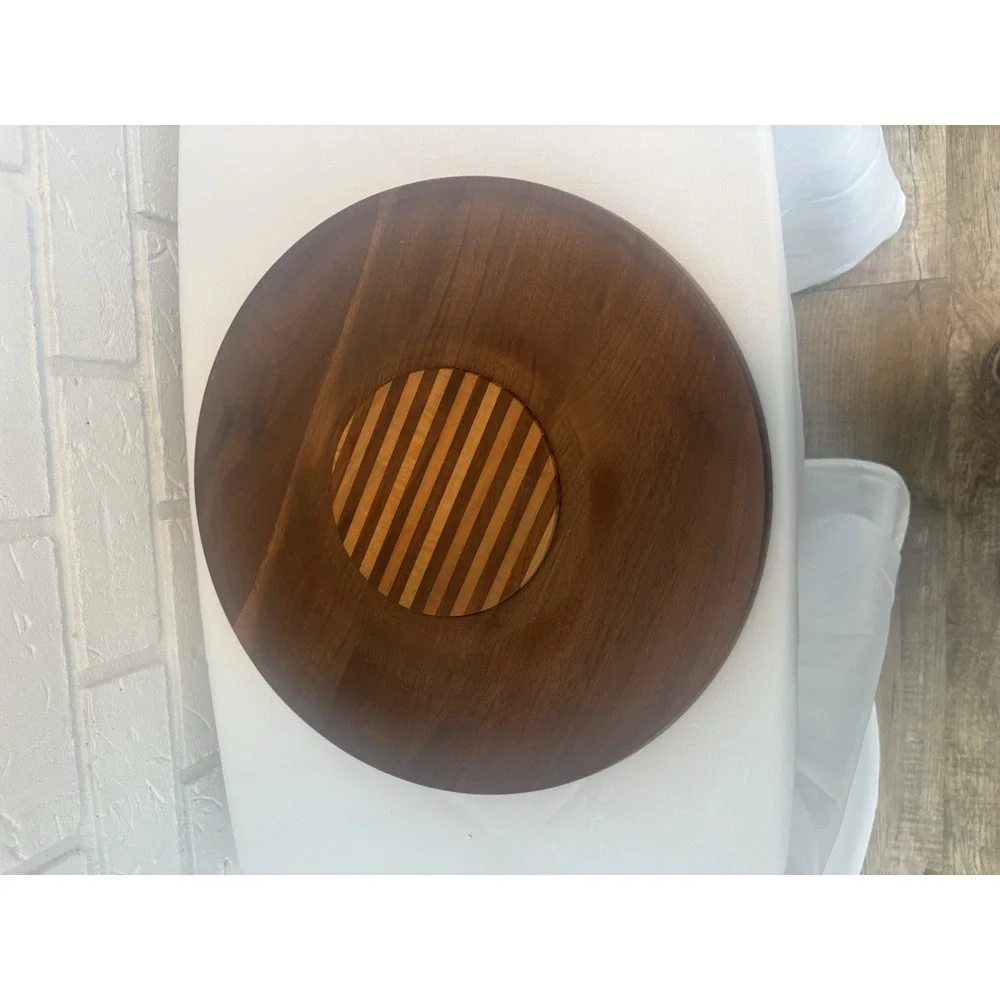 Vintage MCM Wood Cheese Board Glass Cloche Dome Serving Tray Striped Inlay 12in